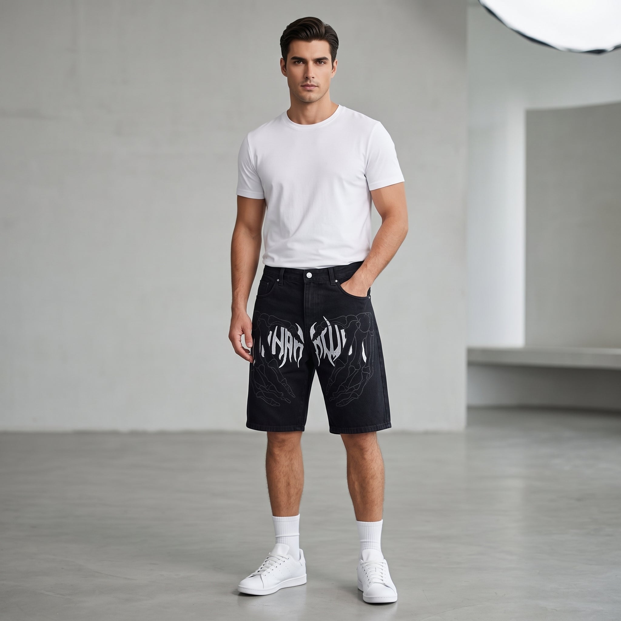 Bermuda denim neri con grafica