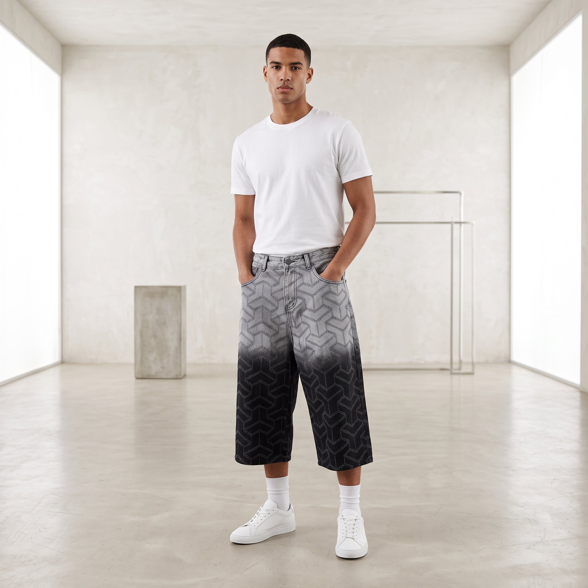 Bermuda denim motivo geometrico sfumato